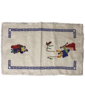 Hand Embroidered Finger Tea Towel Asian Design Fringe 14 x 9 Cross Stitch